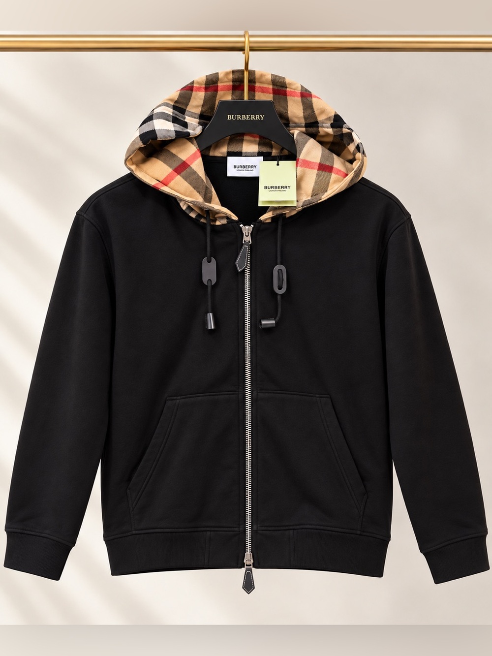 NEW Burberry Men’s Black Check Hood Zip-Up Hoodie Size M